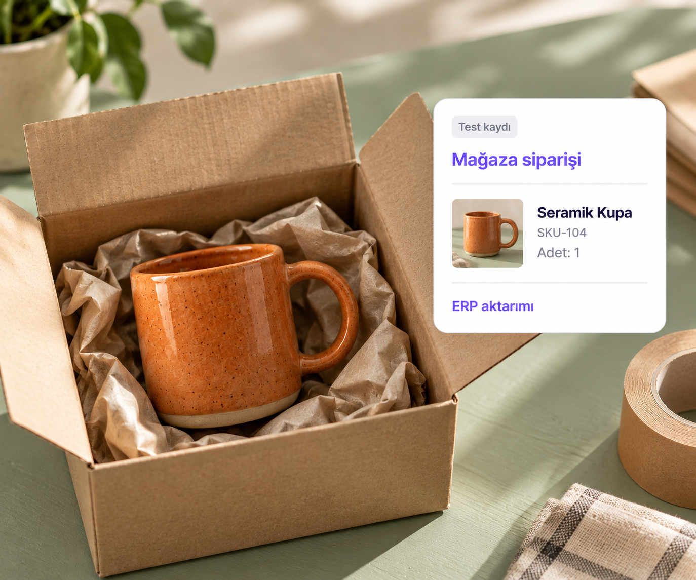 Paketlenmiş seramik kupa ve online mağaza siparişinin ERP aktarımına hazırlanması