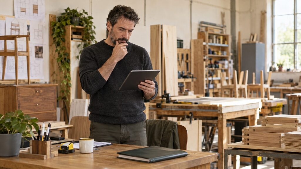 Atölye sahibi üretim alanında tablet üzerinden iş kayıtlarını inceliyor.