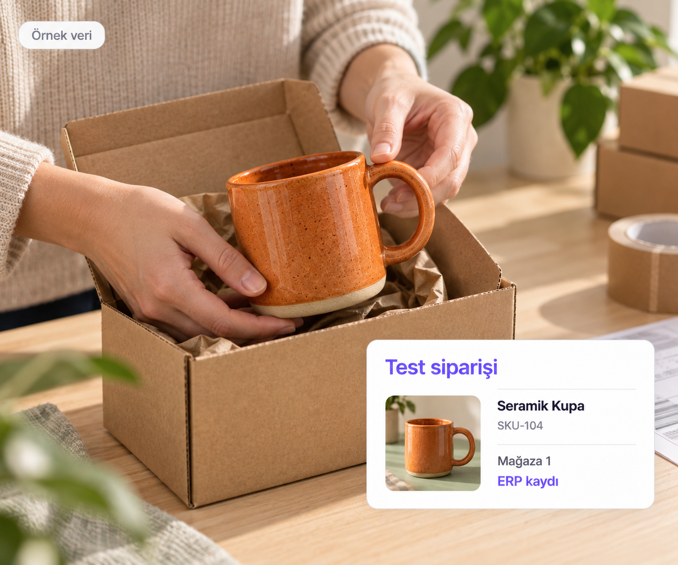 Paketlenen seramik kupa için pazaryeri test siparişinin ERP kaydıyla kontrol edilmesi